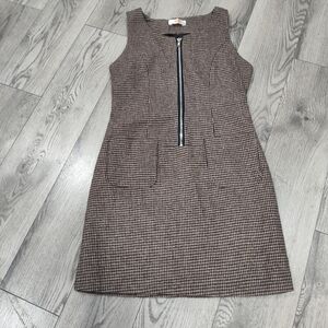 Sleeveless Houndstooth Mini Dress with Front Zip - Brown
